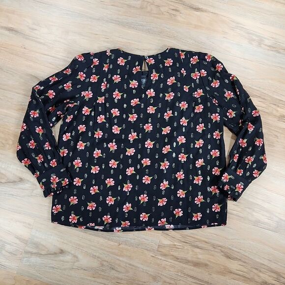 🔺️Loft Black & Red Floral Print & Metallic Gold Long Sleeve Top Small - Picture 6 of 11